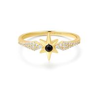 ANIA HAIE Damen Ring Dusk Divas Black Onyx Star aus 925 Sterling Silber 14k vergoldet, besetzt mit einem schwarzen Achat und 32 Zirkonia, EUR Größe 54, inkl. Geschenkverpackung