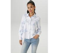 Hemdbluse ANISTON SELECTED, Damen, Gr. 40, blau (weiß, hellblau), Web, Obermaterial: 50% Baumwolle, 50% Polyester, bestickt, lässig geschnitten hüftlang, 1-Knopf-Manschette, Blusen, mit aufwendiger Al