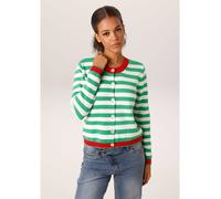 Strickjacke ANISTON CASUAL, Damen, Gr. 44, grün, wollweiß, rot, Strick, Obermaterial: 100% Baumwolle, gemustert, geringelt, gestreift, figurumspielend hüftlang, Rundhals, Rippstrickbündchen, Strickjac