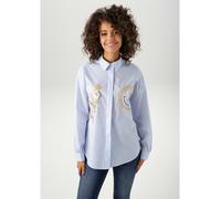 Hemdbluse ANISTON CASUAL, Damen, Gr. 36, weiß, blau, beige, goldfarben, schwarz, Web, Obermaterial: 100% Baumwolle, Glitzermuster, gestreift, oversize Po-bedeckend, 1-Knopf-Manschette, Blusen Hemdblus