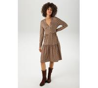 Jerseykleid ANISTON CASUAL, Damen, Gr. 38, N-Gr, braun (beige, braun, sand), Single Jersey, Obermaterial: 95% Viskose, 5% Elasthan, bedruckt, gemustert, figurumspielend kniefrei, V-Ausschnitt, Kleider