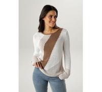 Strickpullover ANISTON SELECTED, Damen, Gr. 48, weiß, braun, beige, Strick, Obermaterial: 100% Polyacryl, colorblocking, gemustert, figurumspielend hüftlang, Rundhals, Flachstrickbündchen, Pullover St