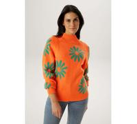 Strickpullover ANISTON SELECTED, Damen, Gr. 46, orange, grün, Strick, Obermaterial: 100% Polyacryl, geblümt, gemustert, lässig geschnitten hüftlang, Rundhals, Raglanärmel Rippstrickbündchen, Pullover 