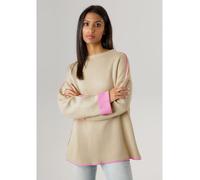 Strickpullover ANISTON SELECTED, Damen, Gr. 42, beige (beige, rosa), Feinstrick, Obermaterial: 100% Polyacryl, unifarben mit Farbeinsätzen, oversize hüftbedeckend, U-Boot-Ausschnitt, Umschlagsaum kont