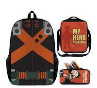 Anjinguang Anime Rucksack My Hero Academia Schultasche 3-teiliges Set MHA Rucksack 45x33x14cm Unisex Daypack Schulranzen mit Lunchtasche Federmäppchen für Schüler Teenager Kinder Bakugou Katsuki