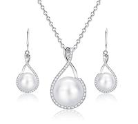 ankbrats Perlen Schmuck-Set mit Halskette und Ohrringe, Silber 925 AAA Zirkonia Schumck Set, Weiße Perlenkette und Süßwasser-Zuchtperlen Anhänger für Frauen Mädchen