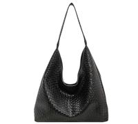 Ann Bully 2024 Schultertasche aus gewebtem Leder für Damen, gewebte weiche vegane Leder-Tragetasche, große Kapazität, Hobo-Tasche mit Tragegriff oben, Schwarz, Medium