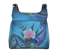 Anna by Anuschka Damen Handbemalte umhängetasche DREI Fächern Satchel Handtasche | Echtes Leder, Denim Paisley Floral