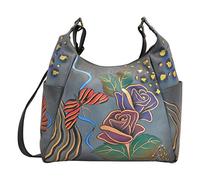 Anna by Anuschka Damen, Handpainted Leather Large Multi Pocket Rose Safari Grey Hobo Handtasche | Echtes Leder, 39.5 EU