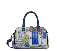 Anna by Anuschka Damen Women's Hand-Painted Leather Wide Organizer Satchel Umhängetasche, aus echtem Leder, handbemalt, mit blauem Elefant