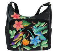 Anna by Anuschka Damen Women's Original Hand-Painted Leather Organizer, handbemalt, echtes Leder, Hobo, Birds in Paradise Black