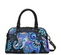 Anna by Anuschka Women's Hand-painted Genuine Leather Wide Organizer Satchel Anna by Anuschka Damen-Umhängetasche, aus echtem Leder, handbemalt, mit blauem Elefant