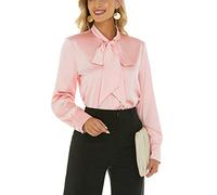 Anna&Chris Escalier Damen Seidenbluse Fliege Hals Langarm Satin Knopfleiste Hemd Casual Büro Bluse Top, Rose, Groß