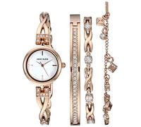 ANNE KLEIN Damenuhr Geschenk-Set weiß Perlmutt-roségold mit Bangle und Armkettchen