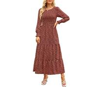 Annebouti Damen Herbst Casual Langarm Maxikleid Boho Floral gesmokt A-Linie bescheiden Hochzeit Gäste Lange Kleider, Floral Rot, X-Groß