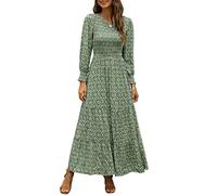 Annebouti Damen Herbst Casual Langarm Maxikleid Boho Floral gesmokt A-Linie bescheiden Hochzeit Gäste Lange Kleider, Oliv/Blatt für mich (Leaf It to Me), Mittel