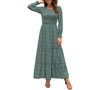 Annebouti Damen Herbst Casual Langarm Maxikleid Boho Floral gesmokt A-Linie bescheiden Hochzeit Gäste Lange Kleider, Grün , Klein