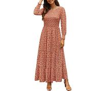 Annebouti Damen Herbst Casual Langarm Maxikleid Boho Floral gesmokt A-Linie bescheiden Hochzeit Gäste Lange Kleider, Rost, Mittel