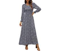 Annebouti Damen Herbst Casual Langarm Maxikleid Boho Floral gesmokt A-Linie bescheiden Hochzeit Gäste Lange Kleider, Marineblau, X-Groß