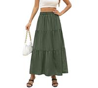 Annebouti Damen Sommer Boho Elastisch Hohe Taille Plissee A Linie Stufed Maxirock, olivgrün, Mittel
