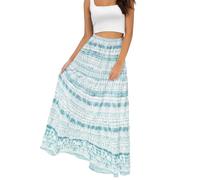 Annebouti Damen Sommer-/Frühlingsrock, Boho, elastisch, lang, hohe Taille, plissiert, A-Linie, gestuft, weiß oder schwarz, grün/weiß, X-Klein