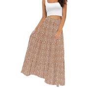 Annebouti Damen Sommer-/Frühlingsrock, Boho, elastisch, lang, hohe Taille, plissiert, A-Linie, gestuft, weiß oder schwarz, Brauner und weißer Leopardenmuster, Mittel