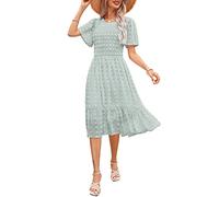 Annebouti Damenkleid, Sommer, Frühling, Hochzeit, Gäste, kurzärmelig, lässig, fließend, mit Schweizer Punkten, gesmoktes Midikleid, Solides Hellgrün, Mittel