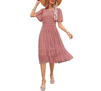 Annebouti Frauen 2023 Sommer Herbst Hochzeit Gast Kleider Kurzarm Flowy Swing Swiss Dot Gesmokt Heimkehr Midi Kleid, Massive Dusty Rose, Klein