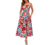 Annebouti Maxikleid für Damen, Sommer, Frühling, gerüscht, verstellbar, Spaghettiträger, Blumenmuster, Strand, langes Sommerkleid mit Taschen, Blume, Mittel