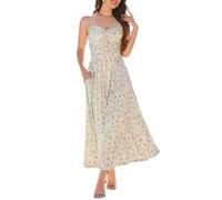 Annebouti Maxikleid für Damen, Sommer, Frühling, gerüscht, verstellbar, Spaghettiträger, Blumenmuster, Strand, langes Sommerkleid mit Taschen, Gelb mit Blumenmuster, Mittel