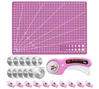 Annickee 23 Stück Rollschneider-Set, 45 mm Rollschneider für Stoffe, Rosa | Stoffschneider mit Sicherheitsverriegelung, 10 Ersatzklingen, A4-Schneidmatte, 10 Nähklammern, für Nähen & Patchwork-DIY