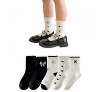 ANNIUP 5 Paare Mädchen Söckchen mit Schleifen Rüschen Schwarz Weiß,Gestreifte Herz Muster kindersocken,Mädchen Spitzensocken,Atmungsaktives Süße Muster Rüschensocken (A, 5-8 Jahre)