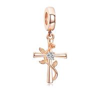 Annmors Charm Anhänger Rose Flower with Cross Infinity Bead with Cubic Zirconia für Europäische Armbänder und Halskette,Christmas Schmuck Geschenk für Damen Herren