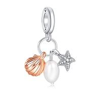 Annmors Charm Freshwater Cultured Pearl, Starfish & Shell Triple Dangle Charm Anhänger 925 Sterling Silber Pendant Bead with Cubic Zirconioa für Chamilia und europäische Armbänder und Halskette