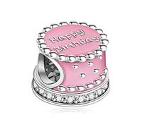 Annmors Charms Happy Birthday Cake Pink Anhänger S925 Sterling Silber Sparkling Bead with Cubic Zirconioa für Europäische Armbänder und Halskette,Schmuck Geschenk für Damen Herren