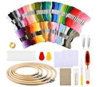 ANNTIM 126 PCS Stickerei Starter Kit Punch Needle Kit,100 Farben Stickerei Set+5 Pcs Bambus Stickrahmen,2 Stück Stanznadeltuch,1 Leinentasche mit Kordelzug,Stickset für Anfänger,Lagern Kreuzstich Set