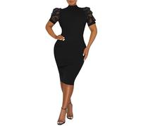 Annystore Durchsichtiges Damenkleid aus Netzstoff, kurze Puffärmel, figurbetontes Kleid, Stehkragen, sexy, Clubwear, Clubwear, Schwarz, XX-Large