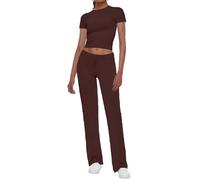 AnotherChill 2-teiliges Lounge-Set für Damen, gerades Bein, kurze Ärmel, bauchfreies T-Shirt, lässige Outfits, bequeme Loungewear, Schokolade, S
