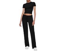 AnotherChill 2-teiliges Lounge-Set für Damen, gerades Bein, kurze Ärmel, bauchfreies T-Shirt, lässige Outfits, bequeme Loungewear, Schwarz, S
