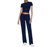 AnotherChill 2-teiliges Lounge-Set für Damen, gerades Bein, kurze Ärmel, bauchfreies T-Shirt, lässige Outfits, bequeme Loungewear, Marineblau/Blau, M