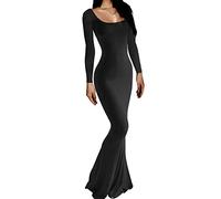 AnotherChill Damen Casual Lounge Slip Langes Kleid Sexy Langarm Rückenfrei Bodycon Maxikleider 2023 Frühling Slim Elegant, Schwarz, Mittel