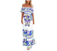 Ansenesna Boho Kleid Lang Schulterfreies Sommerkleid Damen Blumen Carmen Ausschnitt Strandkleid Elegant Lange Luftige Sommerkleider Frauen Off Shoulder Elegante Damenkleider Volant Maxikleider