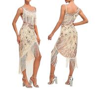 Ansenesna Charleston Kleid 20er Jahre Quaste Silvester Kleid Damen Elegant mit Schlitz Abendkleid Damen Vorne Kurz Hinten Lang Partykleid Frauen Spaghettiträger Festliche Rockabilly Kleider