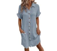 Ansenesna Hemdkleid Damen Sommer Kurz Musselin Kleid mit Knopfleiste Sommerkleid Damen Leicht Elegant Sommerkleider Damen Leicht Und Luftig Kleider mit Taschen Frauen Gerader Schnitt Blusenkleid