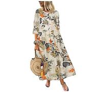 Ansenesna Italienische Kleider Damen Leinenkleider Maxikleider Sommer A Linie Leichte Sommerkleider mit Ärmel Damen Boho-Kleid Blumen Lang Sommerkleid Elegant Kleider Frauen Luftige Kleid