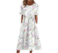 Ansenesna Italienische Kleider Damen Sommer Blumen Sommerkleid Damen Leicht Elegant Tunika Kleid Frauen Vintage Wadenlang Strandkleid Kurzarm Locker Luftige Sommerkleider mit Taschen Damenkleider