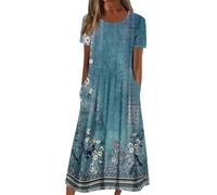 Ansenesna Italienische Kleider Damen Sommer Blumen Sommerkleid Damen Leicht Elegant Tunika Kleid Frauen Vintage Wadenlang Strandkleid Kurzarm Locker Luftige Sommerkleider mit Taschen Damenkleider