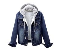 Ansenesna Jeansjacke Damen Gefüttert Mit Kapuze Winterjacke Damen Warm Innenfell Wintermantel Frauen Jeans Dicke Damen-Jacken Denim Mit Knöpfen Jacke Mantel Winter Innenfutter Damenmantel