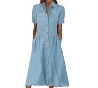 Ansenesna Jeanskleid Damen mit Knöpfen Sommerkleid Damen Jeans Leichte Sommerkleider Damen Kurzarm Midi Kleider Sommer Elegant Hemdkleid Frauen A Linie Kleid Mittellange Locker Damenkleider