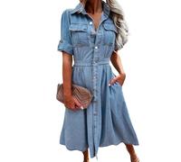 Ansenesna Jeanskleid Damen Sommer Midi Sommerkleid Damen Elegant mit Ärmel Sommerkleider Damen Leicht Und Luftig Elegante Kleider Frauen Jeans Damenkleider mit Knopfleiste Tailliert Hemdkleid
